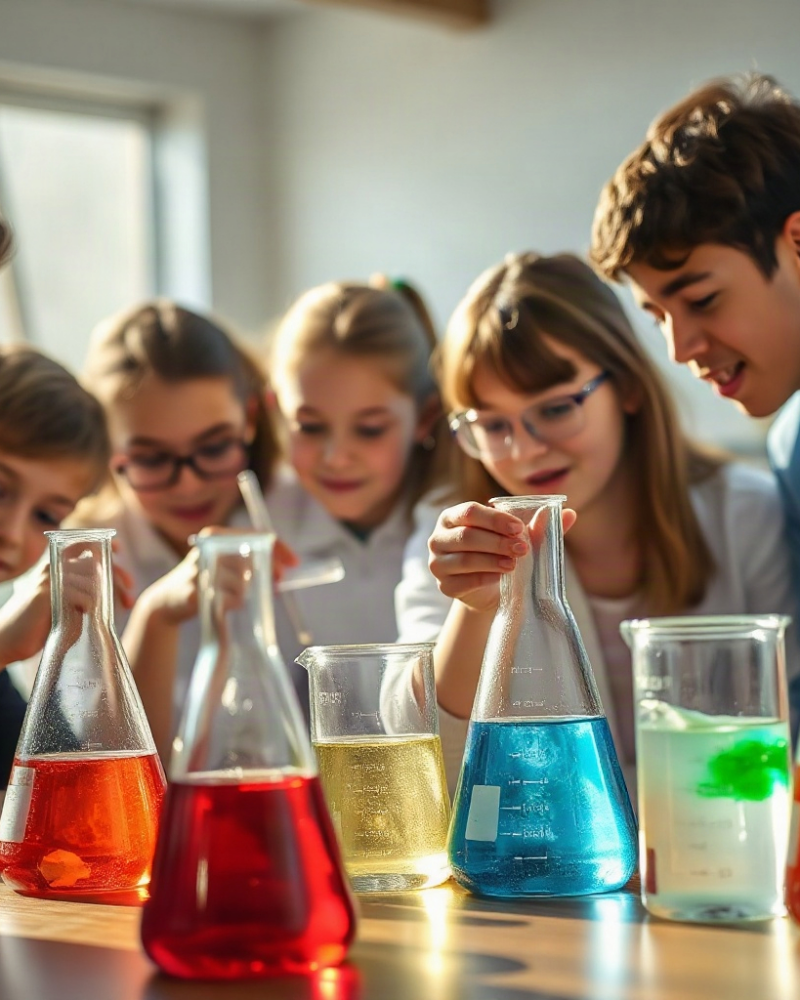 Uczniowie przeprowadzają doświadczenie chemiczne w szklanych zlewkach