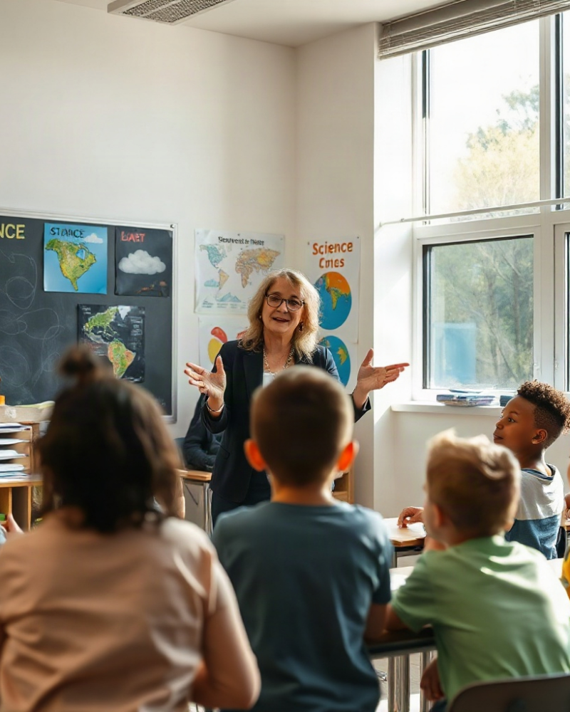 Nauczyciel prowadzi warsztaty dla grupy uczniów w sali lekcyjnej